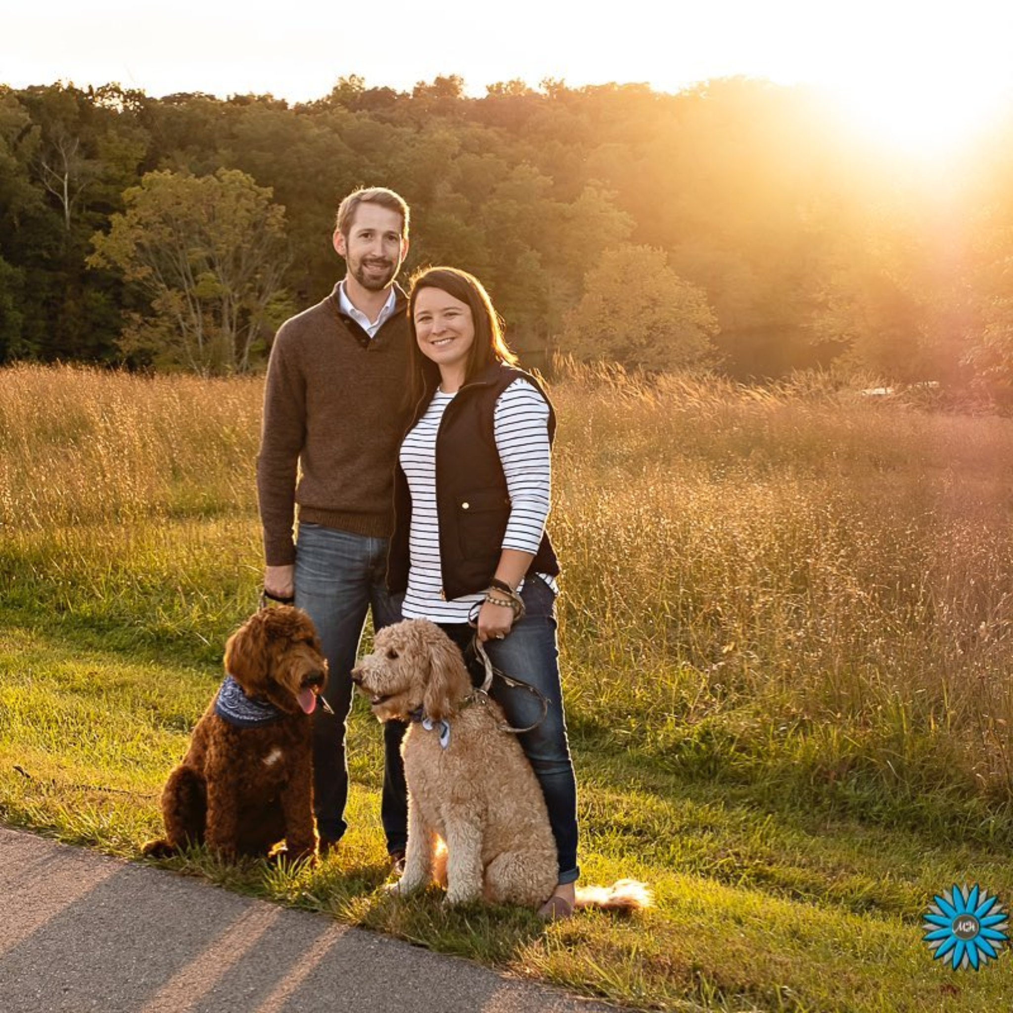 Family portrait at sunset with dogs